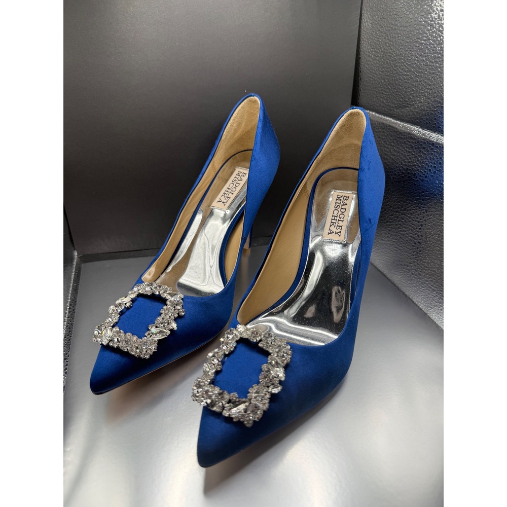 Badgley Mischka Cher Royal Blue Satin Crystal Buckle Pointed Toe Pumps Size 8